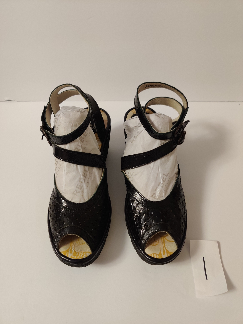 Fly London Black Patent Leather Women’s Peep-Toe Wedge Sandals 6.5